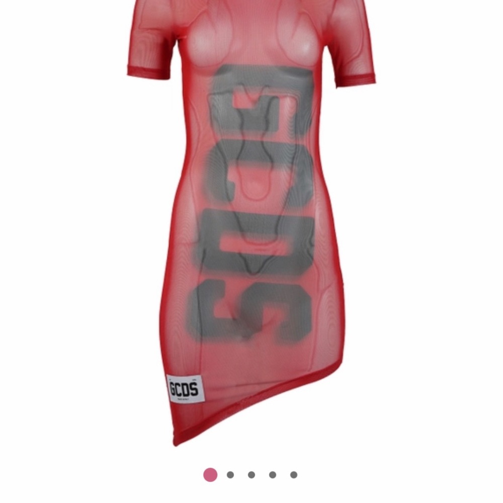 GCDS MAXI LOGO TRASPARENT ASYMMETRICAL DRESS RED